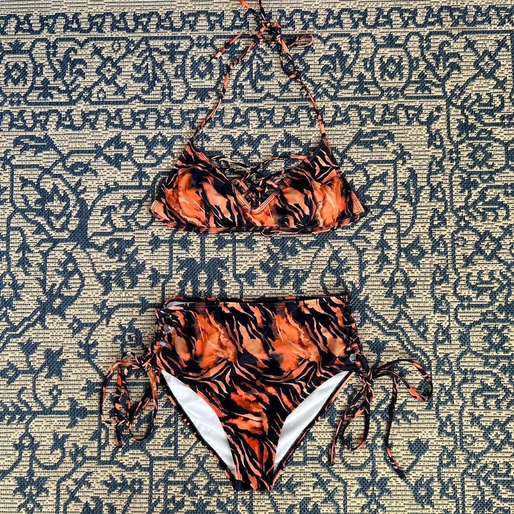 Orange and Black Tiger Print Bikini Set